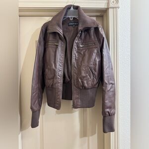Brown Faux Leather Bomber Jacket